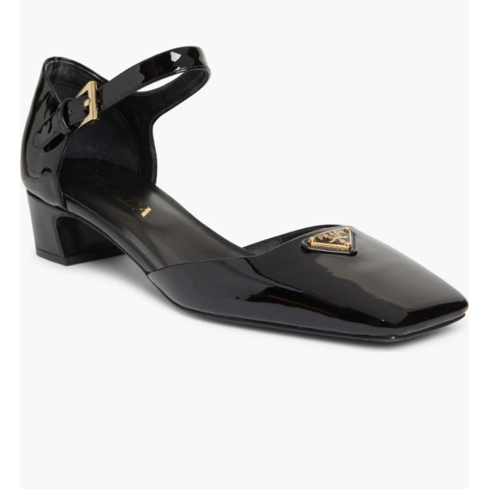 Prada Black Patent Leather Heels with Gold Accent